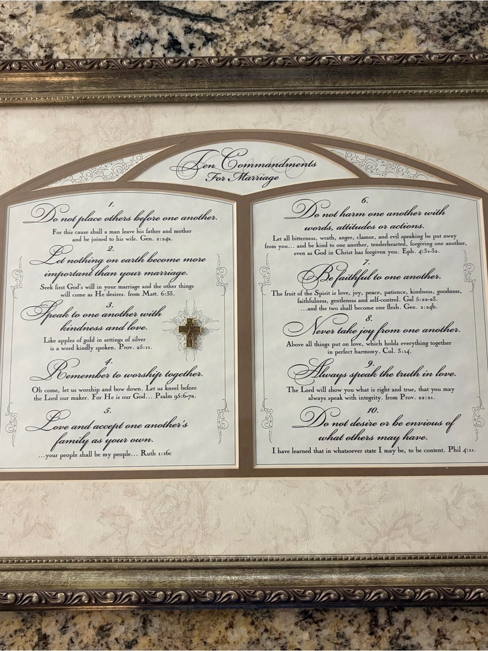 Decorative Framed Wall Art - Cream and Gold "Ten Commandments For Marriage"